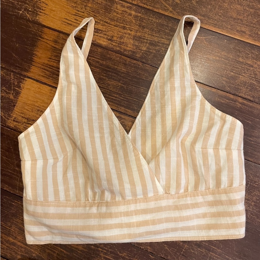 Abercrombie and Fitch Tan Striped V Neck Crop Top with Adjustable Straps NWT